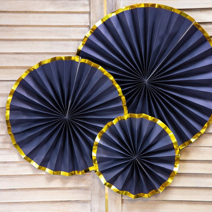 Papieren Waaiers Donkerblauw Goud Set 23 - 40cm 3 delig van Partydeco koop je bij Partywinkel