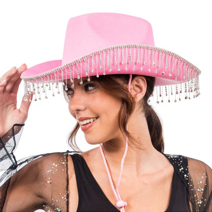 Rosa cowboyhatt med hängande strass – en storlek