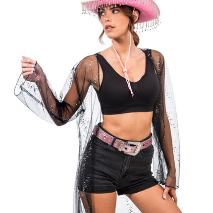 Rosa cowboyhatt med hängande strass – en storlek