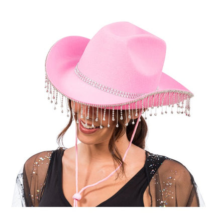 Rosa cowboyhatt med hängande strass – en storlek
