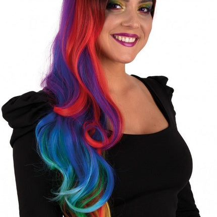Pruik Selena Lang Met Krullen Regenboog All Over van PartyXplosion koop je bij Partywinkel