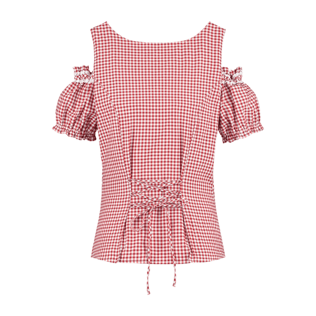 Rood Witte Blouse Dames Geruit Met Gespen van Haus Huberts koop je bij Partywinkel