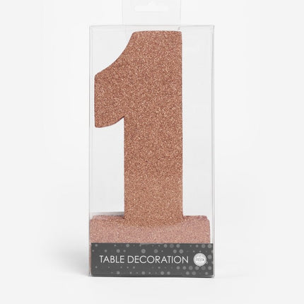 Rose Goud Tafeldecoratie Cijfer 1 Glitter 20,5cm van WeFiesta koop je bij Partywinkel