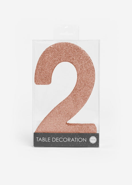 Rose Goud Tafeldecoratie Cijfer 2 Glitter 20,5cm van WeFiesta koop je bij Partywinkel
