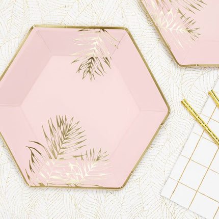 Roze Borden Gouden Bladeren 23cm 6st van Partydeco koop je bij Partywinkel