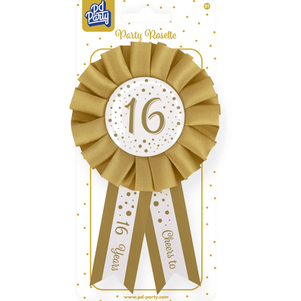 Rozet 16 Jaar Goud Wit 14cm van Paper Dreams koop je bij Partywinkel