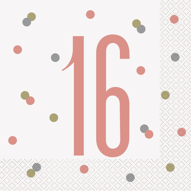 Servetten 16 Jaar Rose Goud 33cm16st van Unique koop je bij Partywinkel