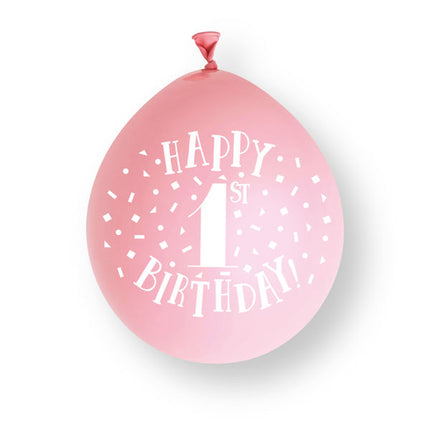 1-årsdag, latexballonger, rosa, 23 cm, 10 st