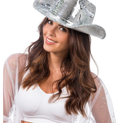 Silverfärgad disco-cowboyhatt