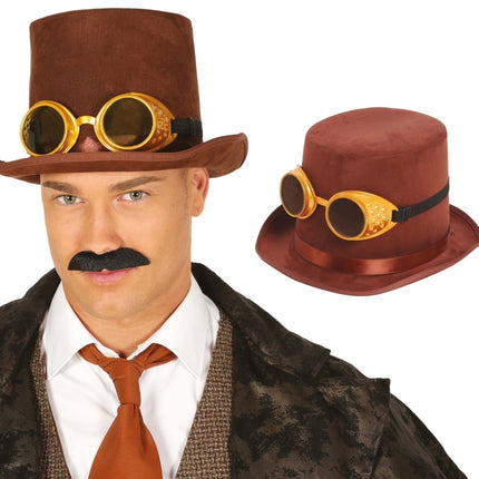 Steampunk Hoed Bruin Met Bril van Fiestas Guirca koop je bij Partywinkel