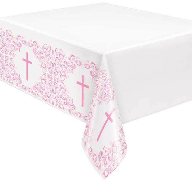 Tafelkleed Kruis Wit Roze 54x84cm van Unique koop je bij Partywinkel