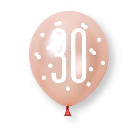 6ct Glitz Rose Gold Number 30 Assorted Platinum & Pearl Premium 30cm Latex Balloons