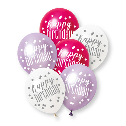 6ct Glitz Pink Happy Birthday Pearl Premium 30cm Latex Balloons