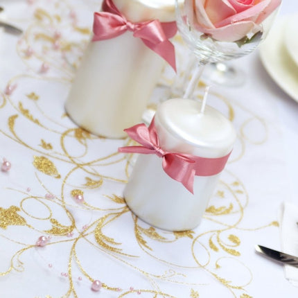 Vanille Creme Organza Stof Gouden Bloemen 36cm 9m van Partydeco koop je bij Partywinkel