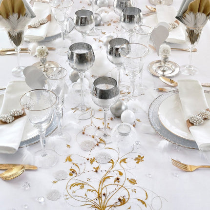 Vanille Creme Organza Stof Gouden Bloemen 36cm 9m van Partydeco koop je bij Partywinkel