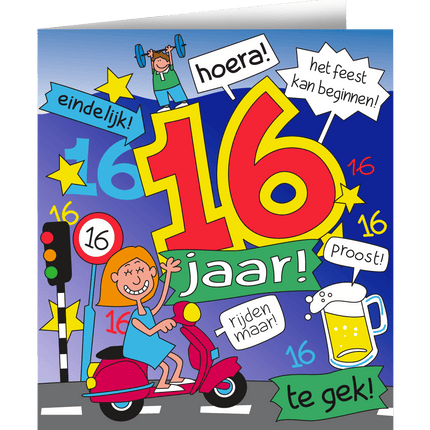 Verjaardagskaart 16 Jaar Cartoon 16,5cm van Paper Dreams koop je bij Partywinkel
