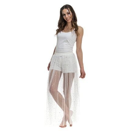Witte Lange Tule Rok Met Glitters Dames One Size