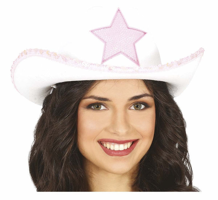 Witte Cowboy Hoed Met Stet van Fiestas Guirca koop je bij Partywinkel
