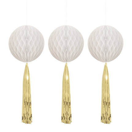 Witte Honeycombs Met Gouden Tassels 3st van Unique koop je bij Partywinkel