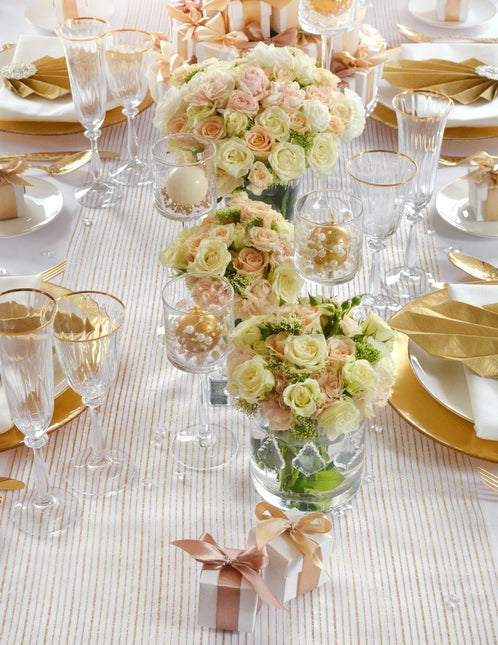 Witte Organza Stof Gouden Strepen 48cm 9m van Partydeco koop je bij Partywinkel