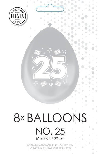 Zilver Ballonnen 25 Jaar Metallic Dubbelzijdig 30cm 8st van WeFiesta koop je bij Partywinkel