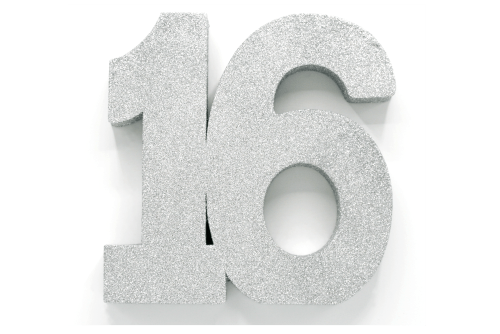 Zilver Tafeldecoratie Cijfer 16 Glitter 20,5cm van WeFiesta koop je bij Partywinkel