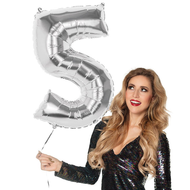 Zilveren Cijfer Ballon 5 Jaar 86cm van Boland koop je bij Partywinkel