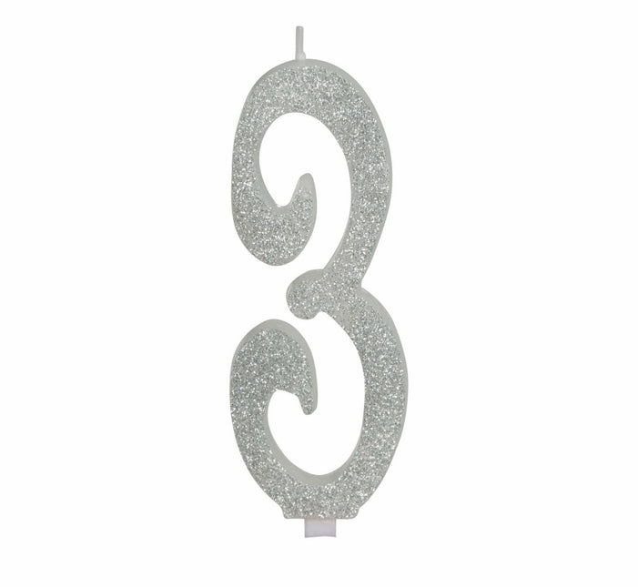 Zilveren Kaars 3 Jaar Glitter 12,5cm van Fiestas Guirca koop je bij Partywinkel