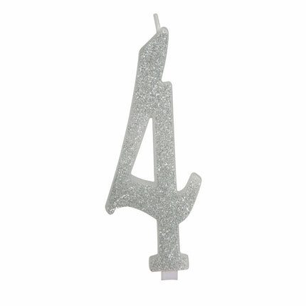 Zilveren Kaars 4 Jaar Glitter 12,5cm van Fiestas Guirca koop je bij Partywinkel