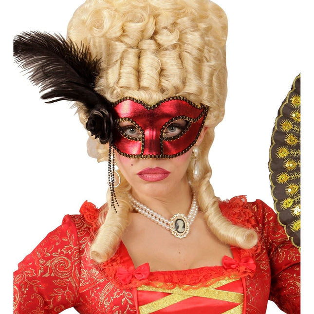 Zwart Rode Oogmasker Met Veren van Widmann koop je bij Partywinkel