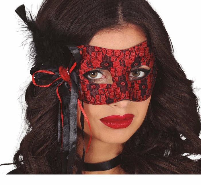 Zwart Rode Oogmasker Veer van Fiestas Guirca koop je bij Partywinkel