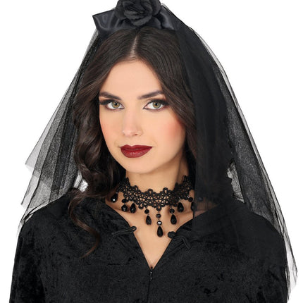 Zwarte Haarband Skelet Sluier En Bloem van Fiestas Guirca koop je bij Partywinkel