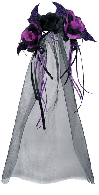 Zwarte Halloween Haarband Paarse Bloemen En Sluier van Fiestas Guirca koop je bij Partywinkel