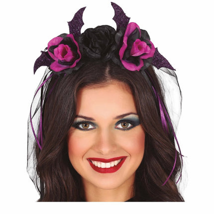 Zwarte Halloween Haarband Paarse Bloemen En Sluier van Fiestas Guirca koop je bij Partywinkel