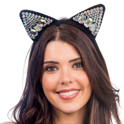 Zwarte Kattenoren Diadeem met Strass 22x17cm van CHAKS koop je bij Partywinkel