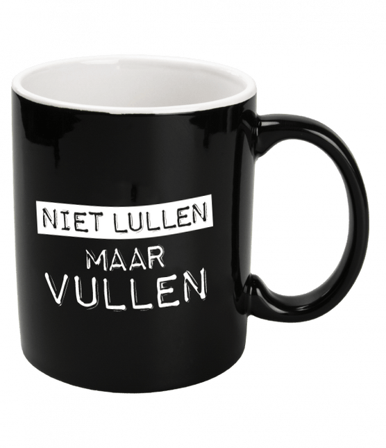 Zwarte Mok Niet Lullen Maar Vullen 12cm van Paper Dreams koop je bij Partywinkel