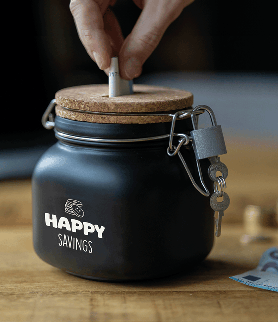 Zwarte Spaarpot Happy Savings 12,5cm van Paper Dreams koop je bij Partywinkel