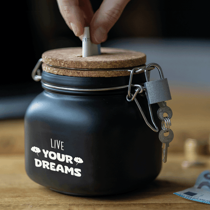 Zwarte Spaarpot Live Your Dreams 12,5cm van Paper Dreams koop je bij Partywinkel