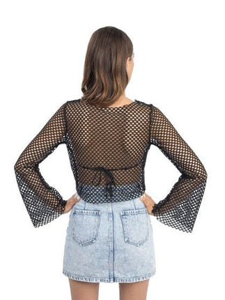Zwarte Visnet Crop Top Met Uitlopende Mouwen van CHAKS koop je bij Partywinkel